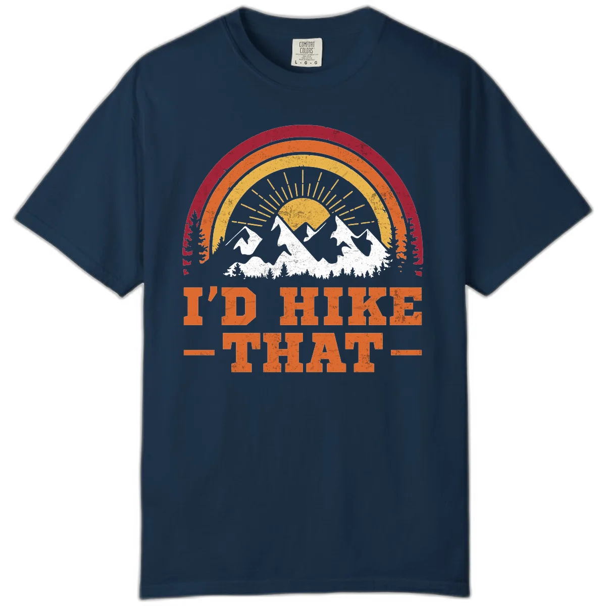 Vintage badge design with snow-capped mountains, evergreen trees, golden sun rays, and text reading 'I'd Hike That' in retro style in True Navy