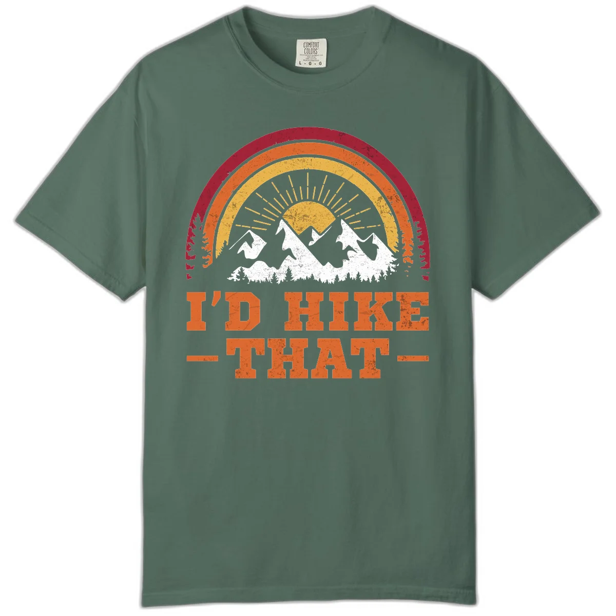 Vintage badge design with snow-capped mountains, evergreen trees, golden sun rays, and text reading 'I'd Hike That' in retro style in Blue Spruce