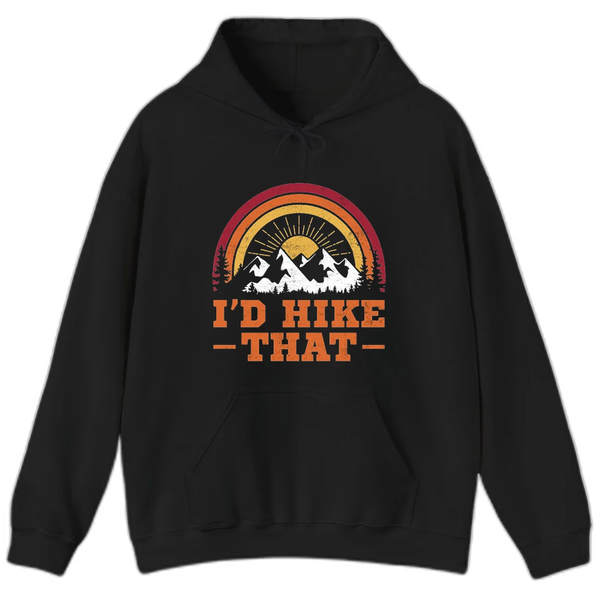 Vintage badge design with snow-capped mountains, evergreen trees, golden sun rays, and text reading 'I'd Hike That' in retro style in Black