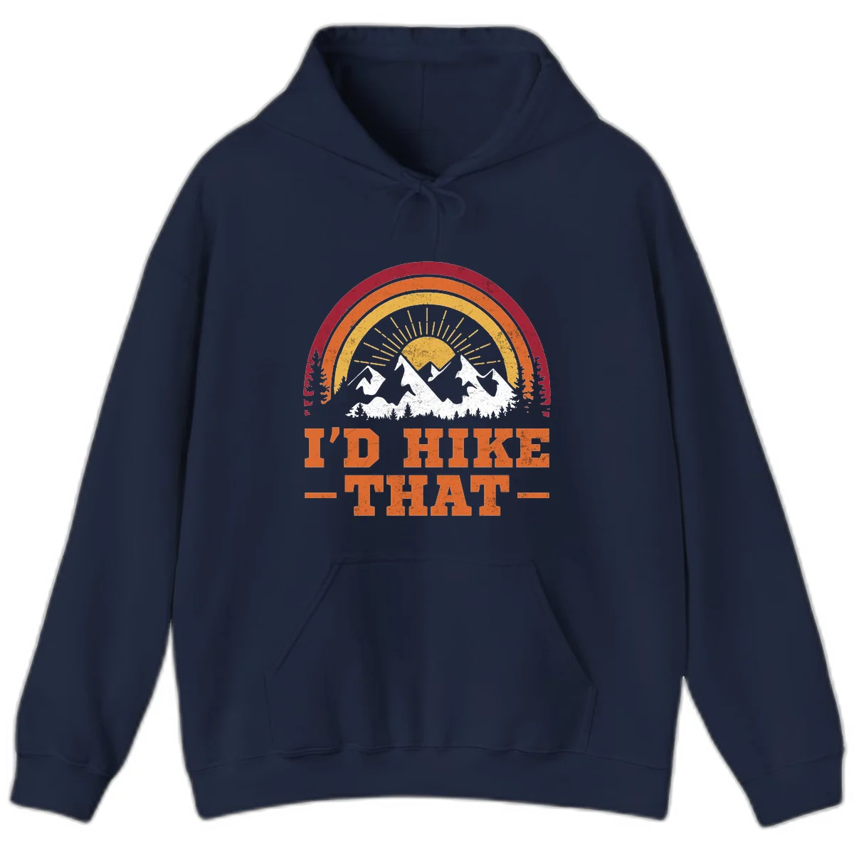 Vintage badge design with snow-capped mountains, evergreen trees, golden sun rays, and text reading 'I'd Hike That' in retro style in Navy