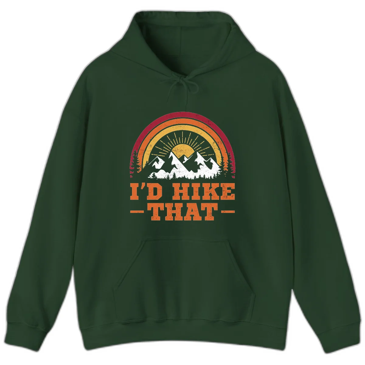 Vintage badge design with snow-capped mountains, evergreen trees, golden sun rays, and text reading 'I'd Hike That' in retro style in Forest Green