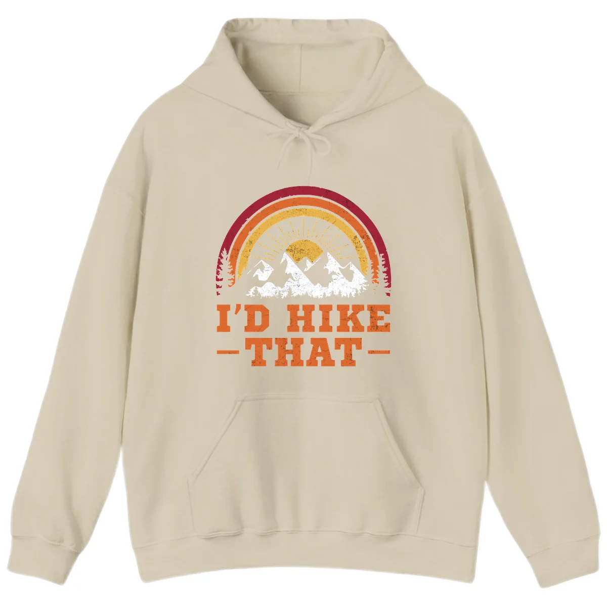 Vintage badge design with snow-capped mountains, evergreen trees, golden sun rays, and text reading 'I'd Hike That' in retro style in Sand