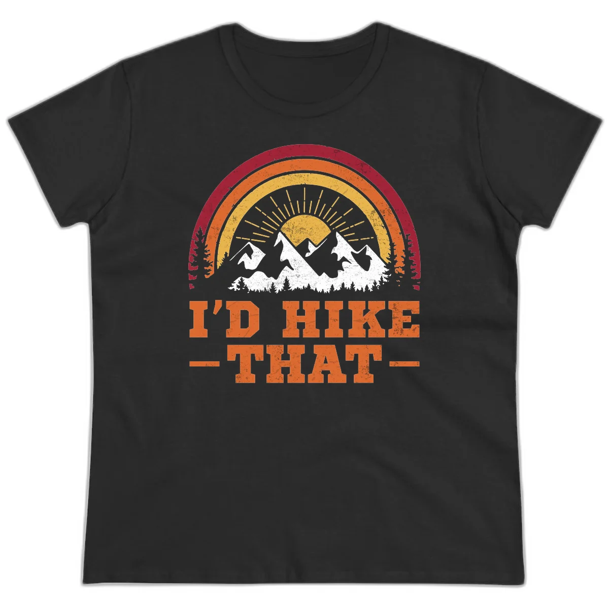 Vintage badge design with snow-capped mountains, evergreen trees, golden sun rays, and text reading 'I'd Hike That' in retro style in Black