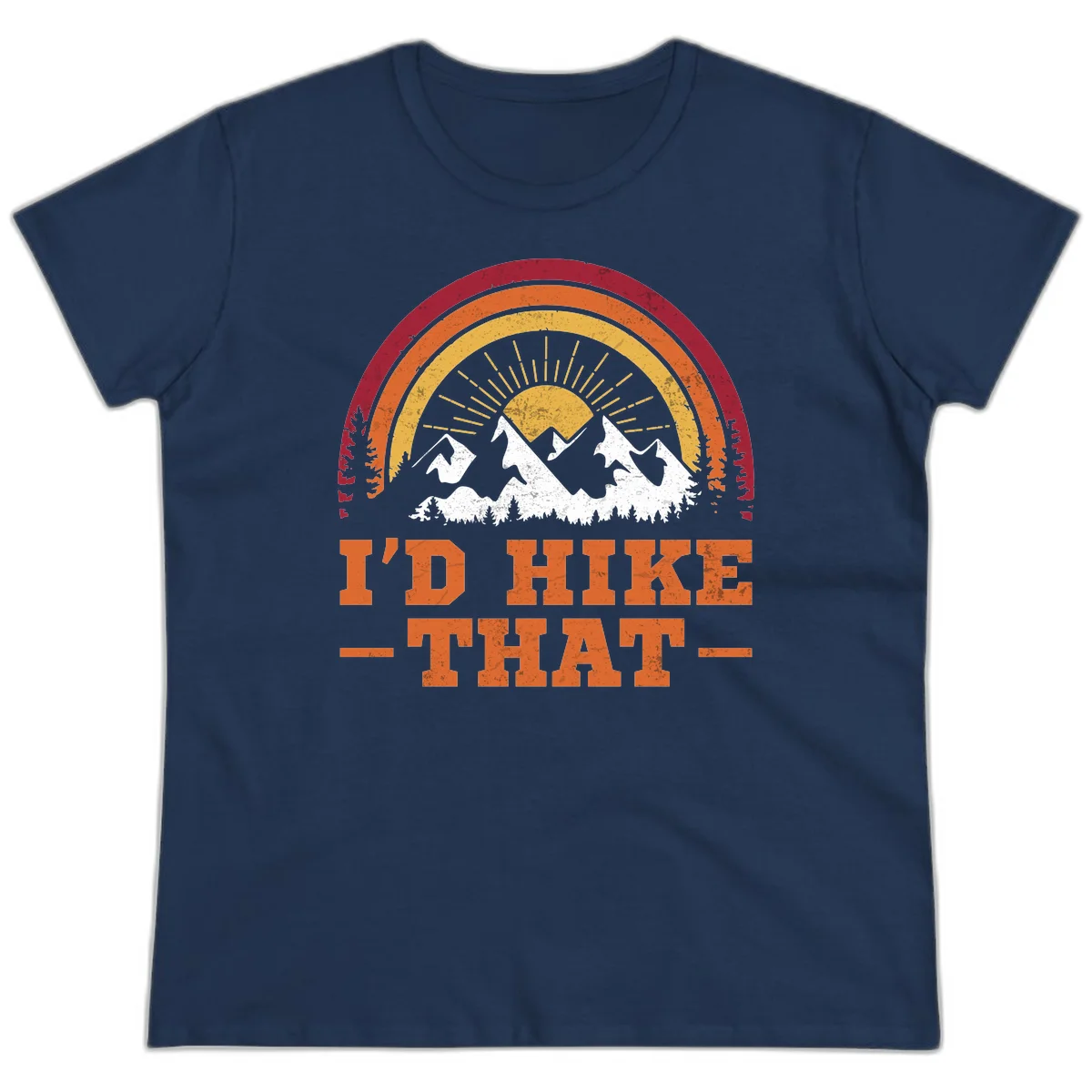 Vintage badge design with snow-capped mountains, evergreen trees, golden sun rays, and text reading 'I'd Hike That' in retro style in Navy