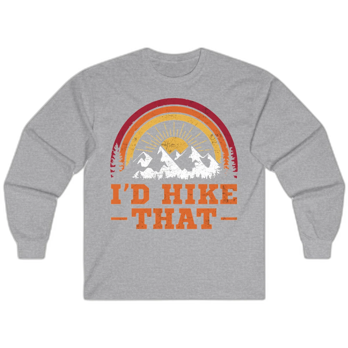 Vintage badge design with snow-capped mountains, evergreen trees, golden sun rays, and text reading 'I'd Hike That' in retro style in Sport Grey