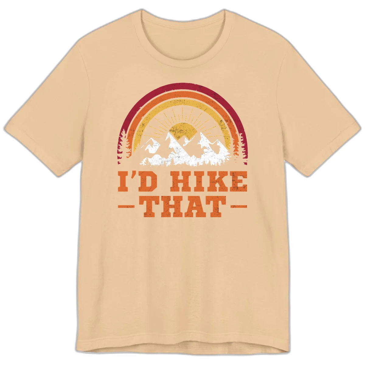 Vintage badge design with snow-capped mountains, evergreen trees, golden sun rays, and text reading 'I'd Hike That' in retro style in Sand Dune
