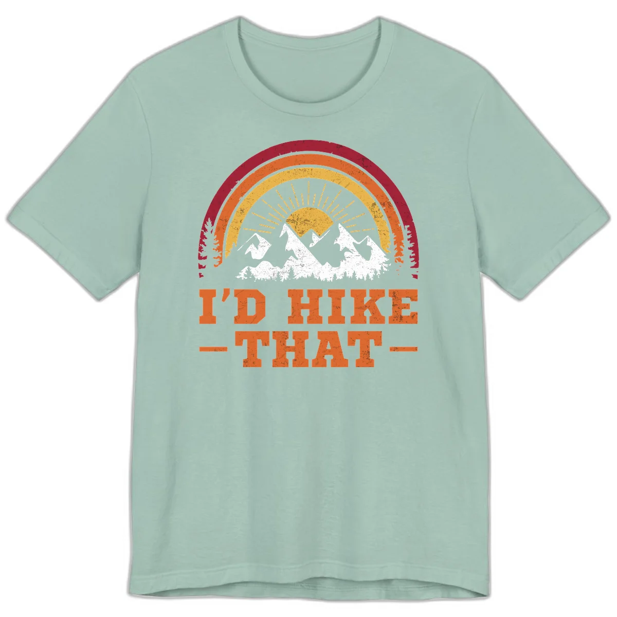 Vintage badge design with snow-capped mountains, evergreen trees, golden sun rays, and text reading 'I'd Hike That' in retro style in Dusty Blue