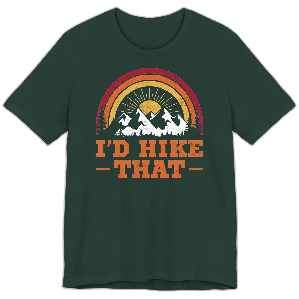 Vintage badge design with snow-capped mountains, evergreen trees, golden sun rays, and text reading 'I'd Hike That' in retro style in Forest