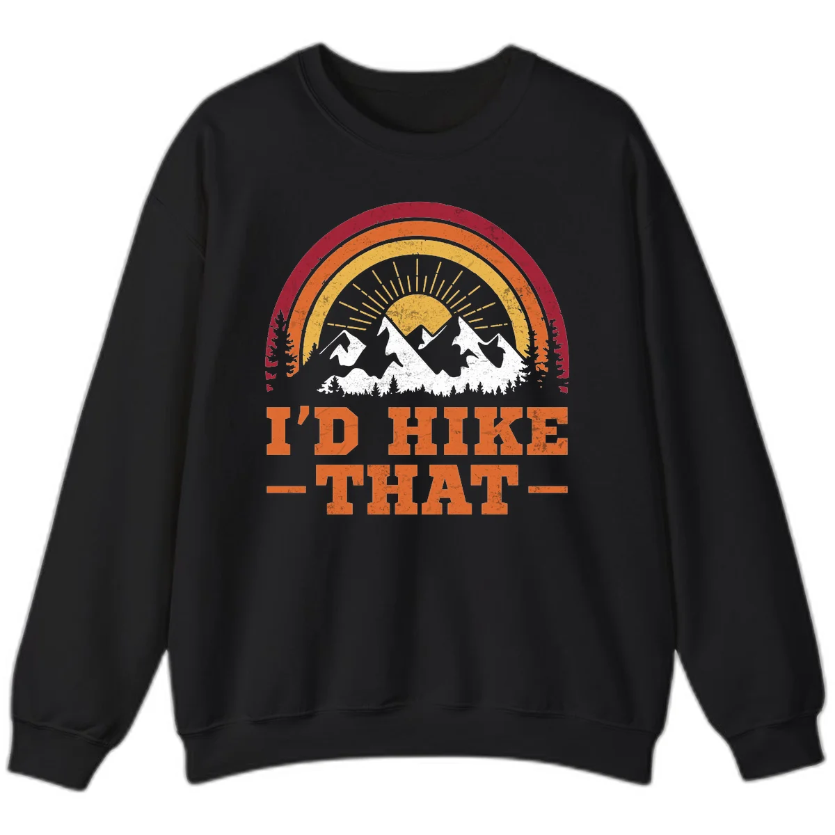 Vintage badge design with snow-capped mountains, evergreen trees, golden sun rays, and text reading 'I'd Hike That' in retro style in Black