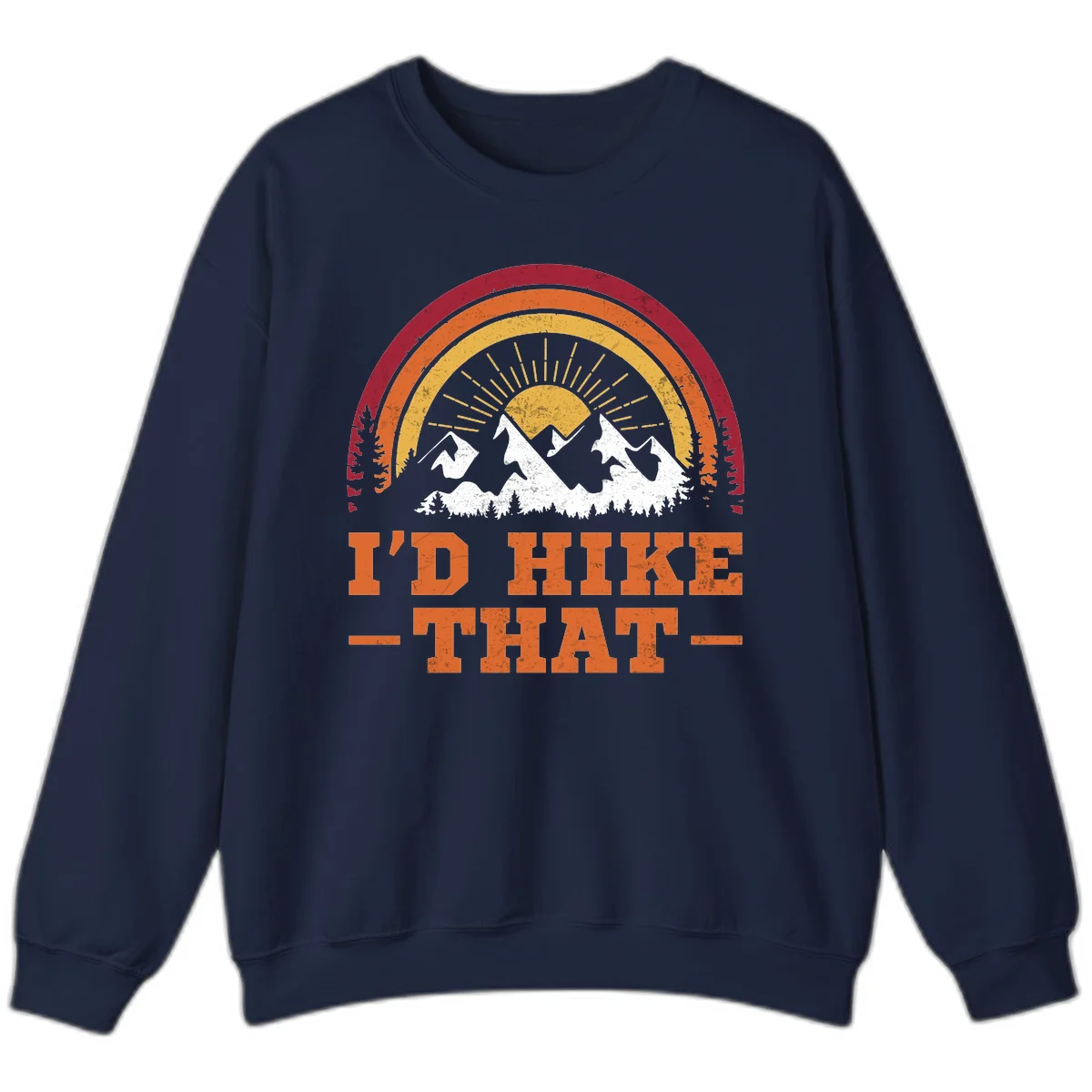 Vintage badge design with snow-capped mountains, evergreen trees, golden sun rays, and text reading 'I'd Hike That' in retro style in Navy