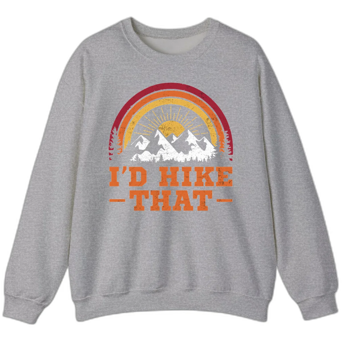 Vintage badge design with snow-capped mountains, evergreen trees, golden sun rays, and text reading 'I'd Hike That' in retro style in Sport Grey