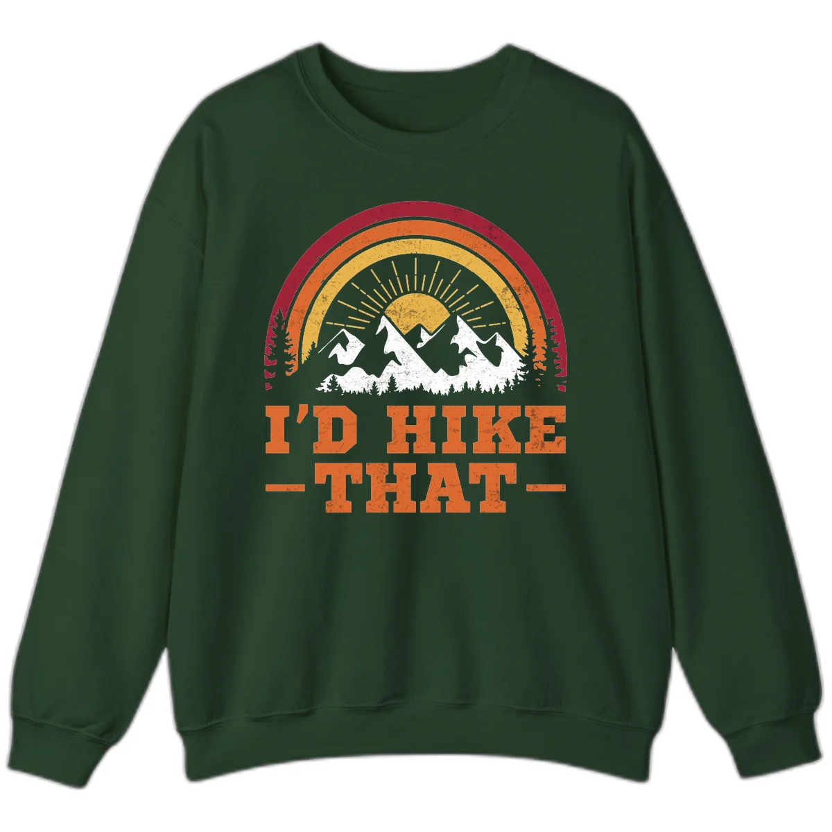 Vintage badge design with snow-capped mountains, evergreen trees, golden sun rays, and text reading 'I'd Hike That' in retro style in Forest Green