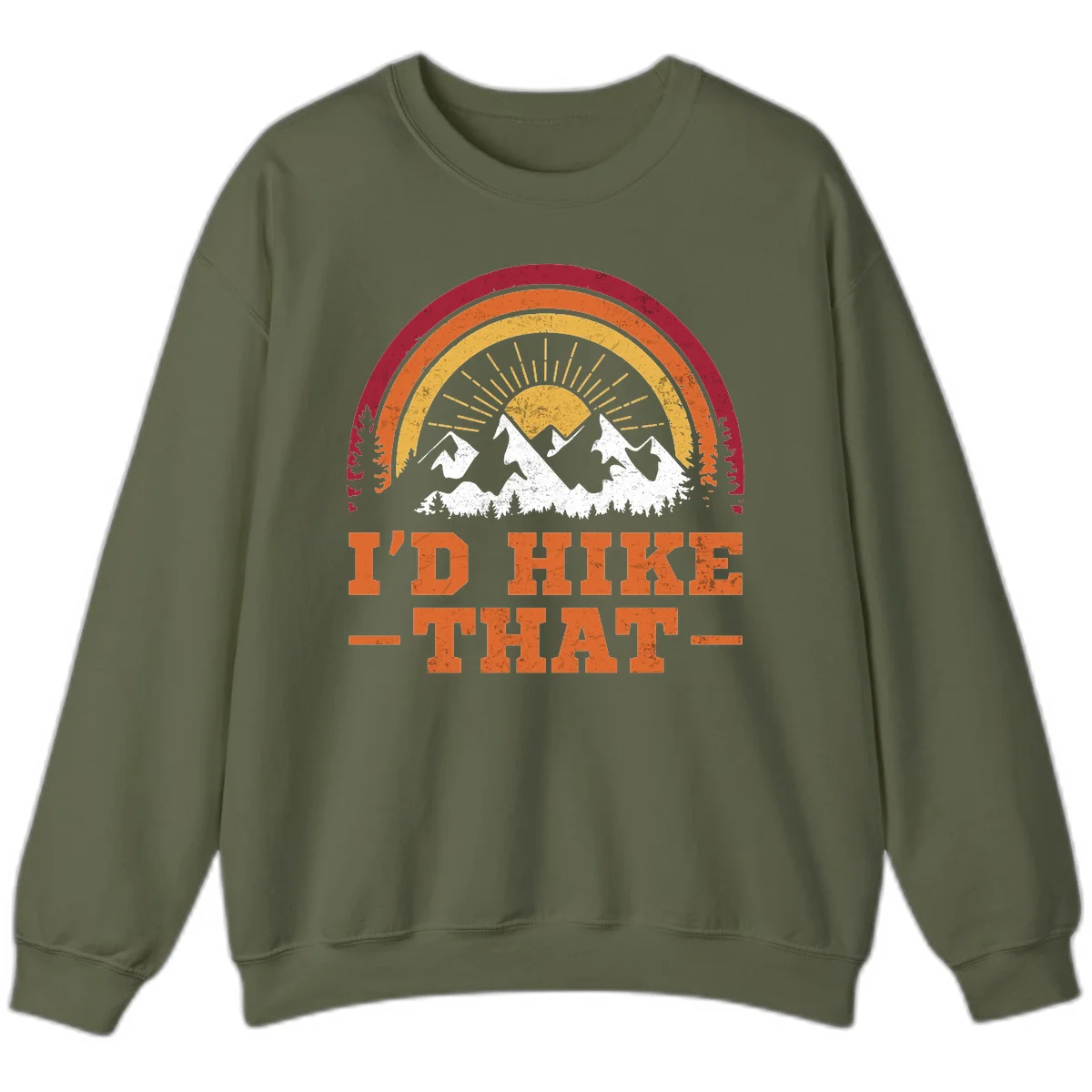 Vintage badge design with snow-capped mountains, evergreen trees, golden sun rays, and text reading 'I'd Hike That' in retro style in Military Green