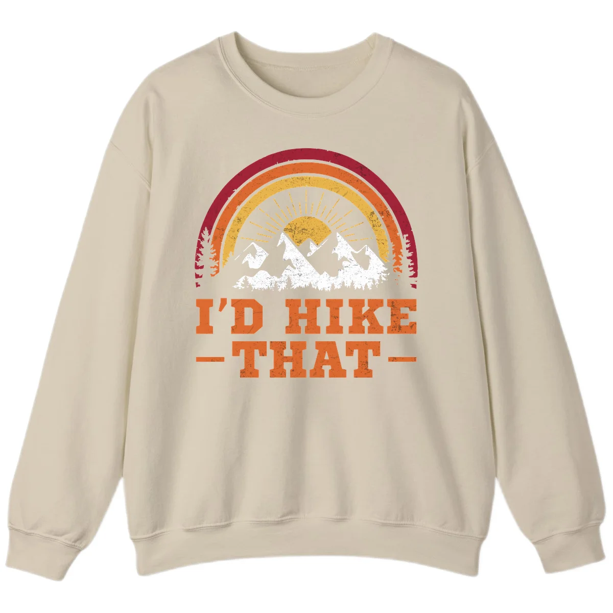 Vintage badge design with snow-capped mountains, evergreen trees, golden sun rays, and text reading 'I'd Hike That' in retro style in Sand