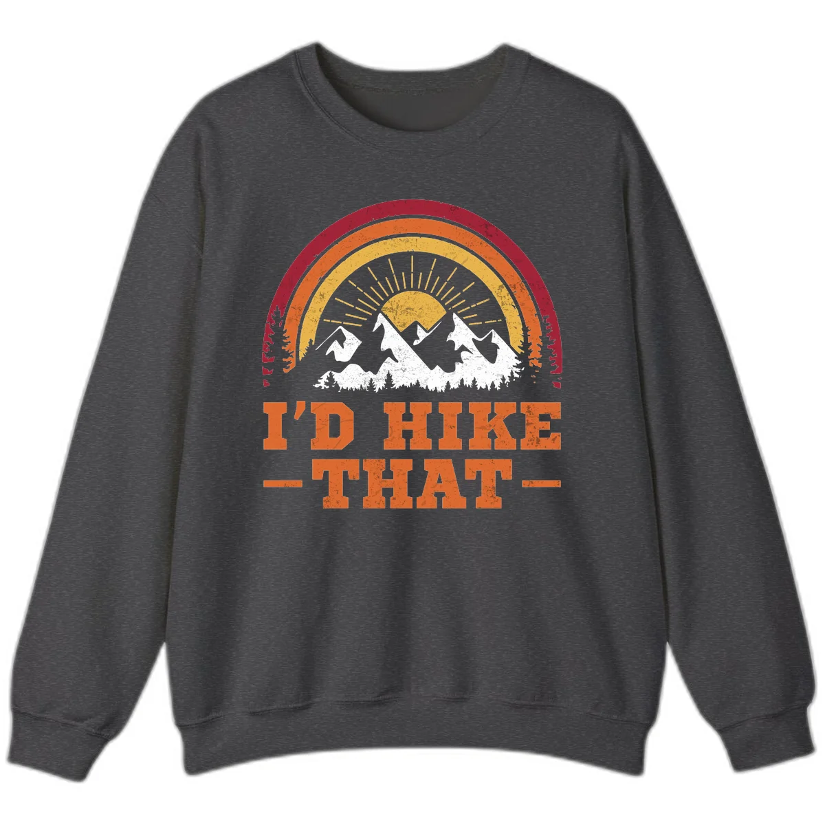 Vintage badge design with snow-capped mountains, evergreen trees, golden sun rays, and text reading 'I'd Hike That' in retro style in Dark Heather