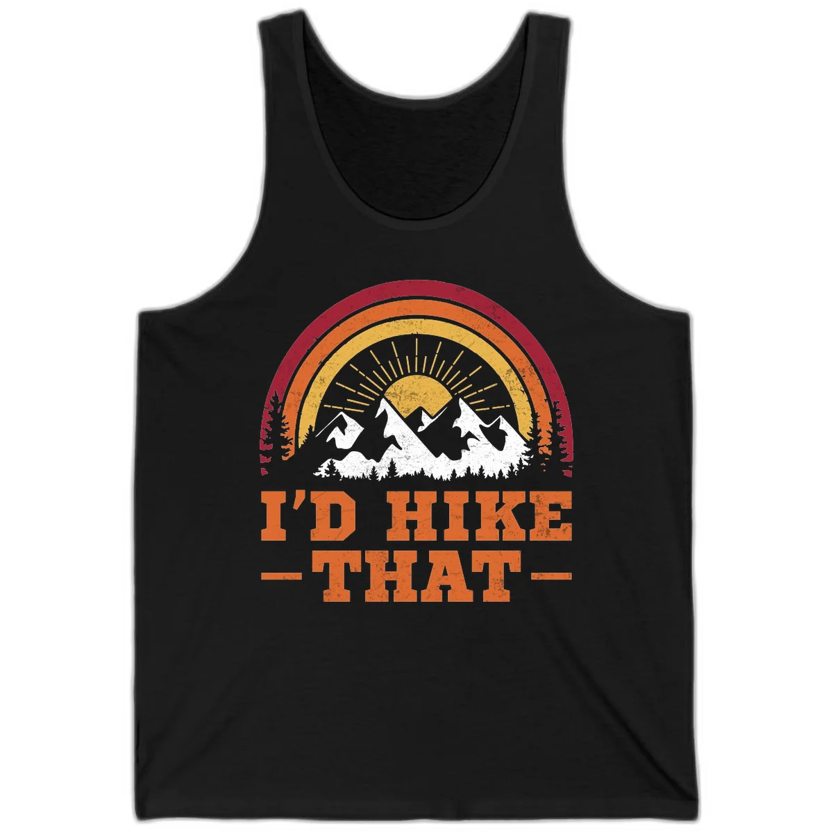 Vintage badge design with snow-capped mountains, evergreen trees, golden sun rays, and text reading 'I'd Hike That' in retro style in Black