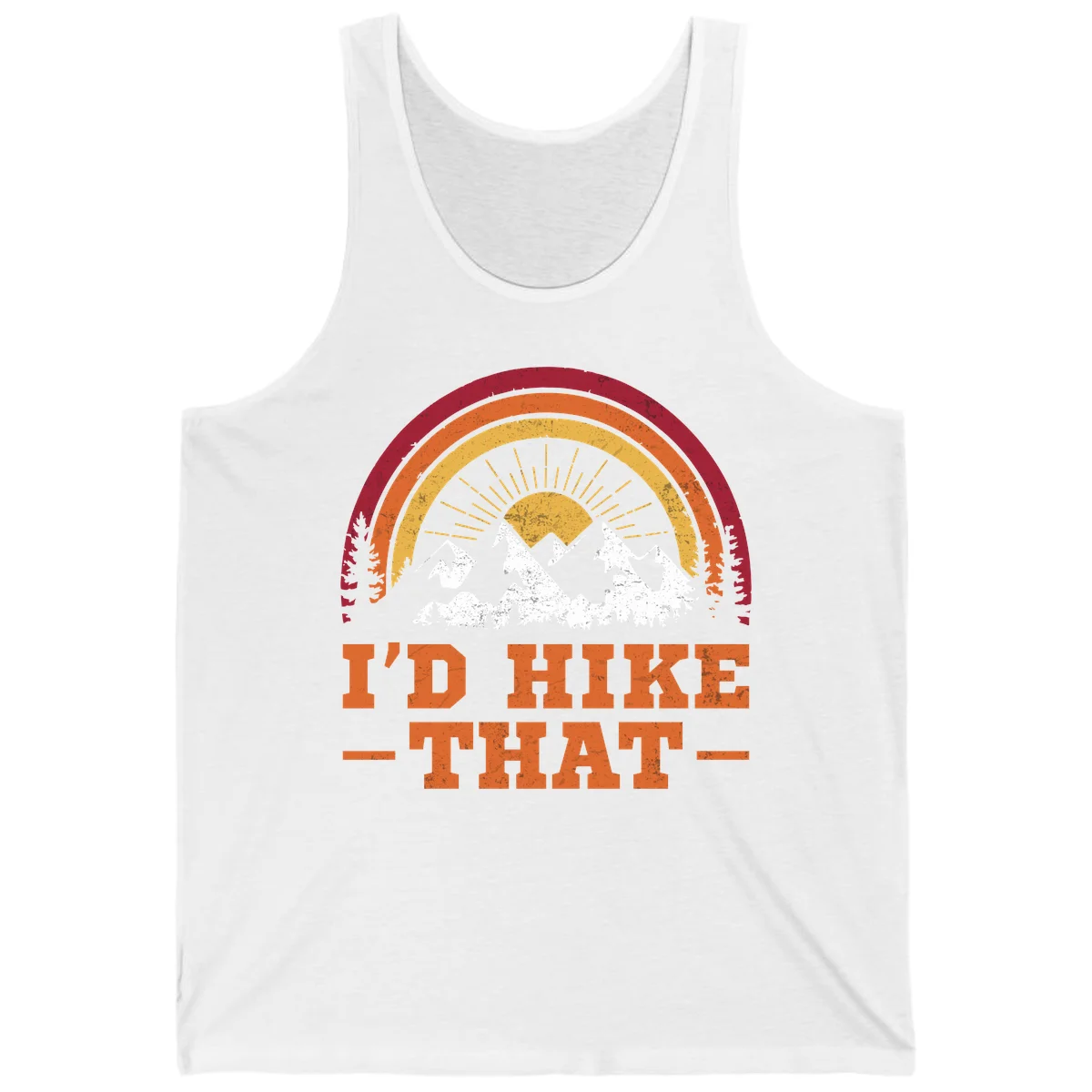 Vintage badge design with snow-capped mountains, evergreen trees, golden sun rays, and text reading 'I'd Hike That' in retro style in White
