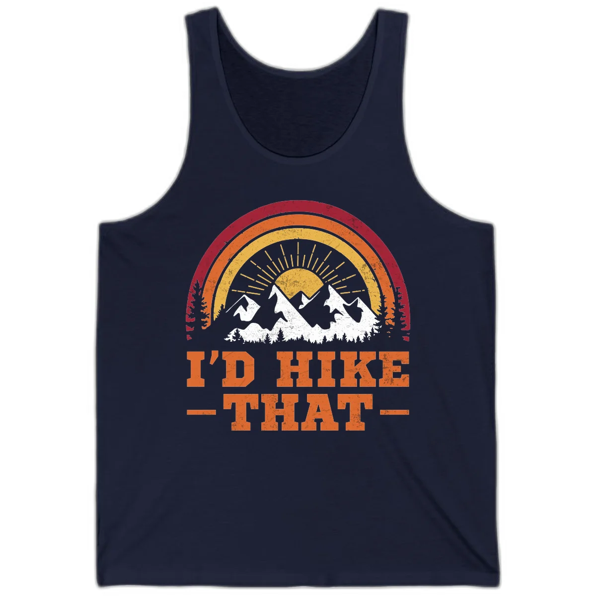 Vintage badge design with snow-capped mountains, evergreen trees, golden sun rays, and text reading 'I'd Hike That' in retro style in Navy
