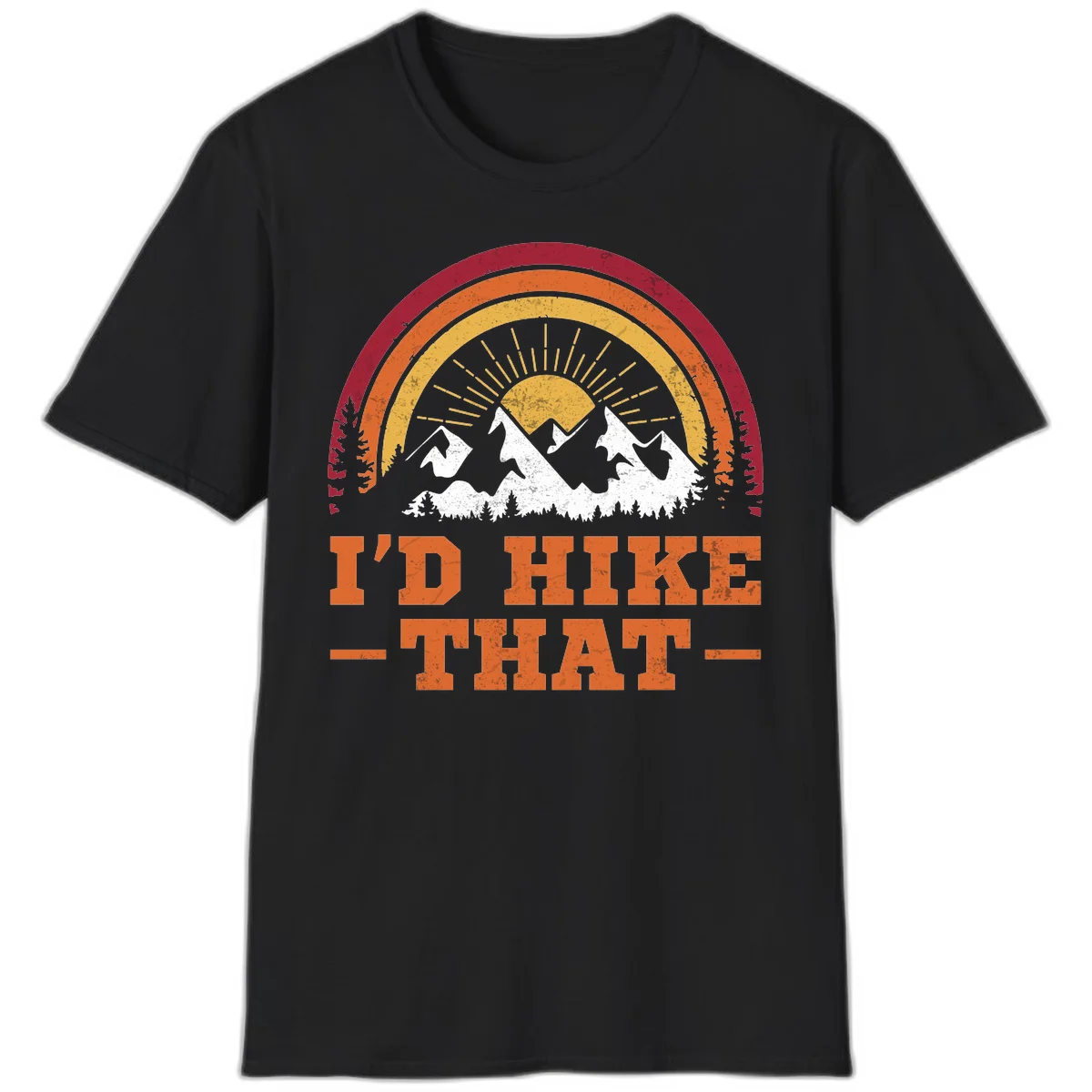 Vintage badge design with snow-capped mountains, evergreen trees, golden sun rays, and text reading 'I'd Hike That' in retro style in Black