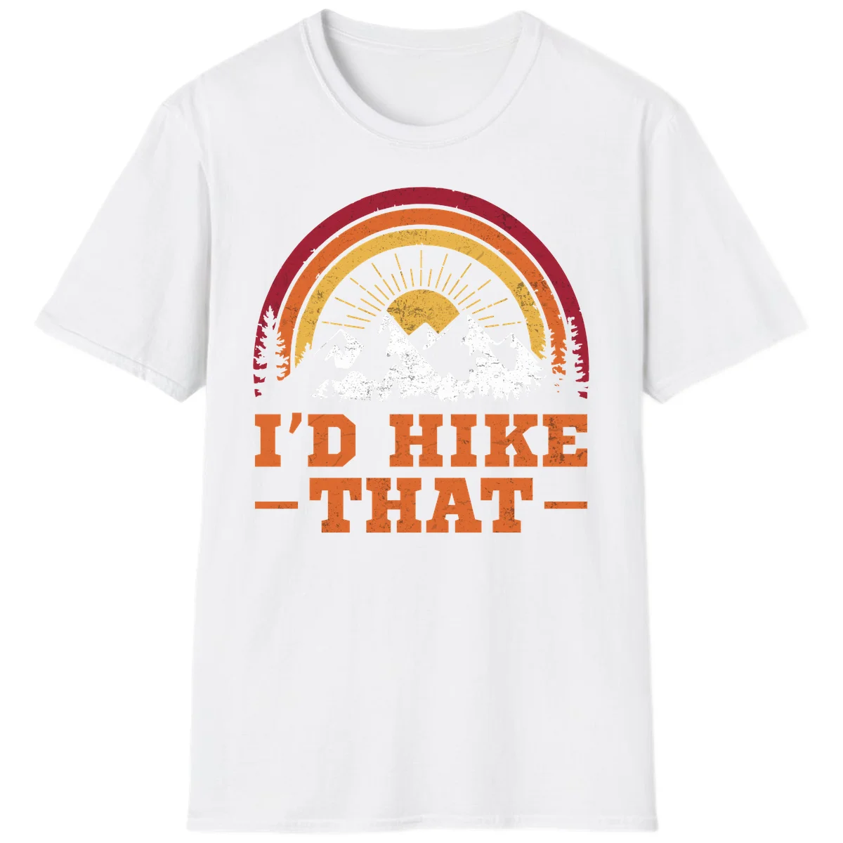 Vintage badge design with snow-capped mountains, evergreen trees, golden sun rays, and text reading 'I'd Hike That' in retro style in White
