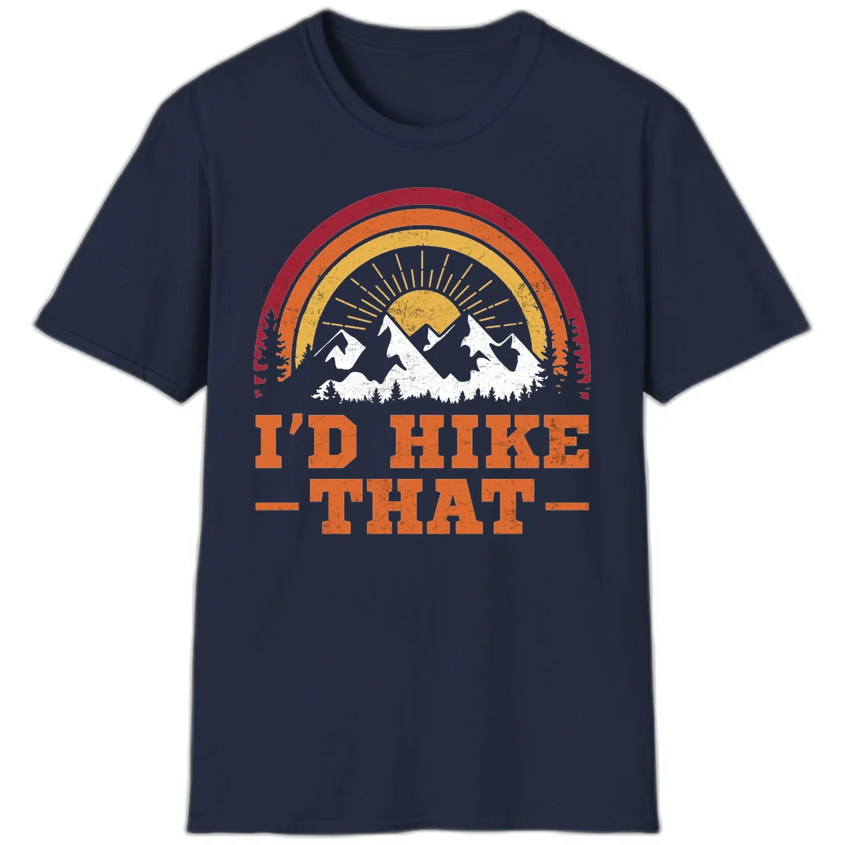 Vintage badge design with snow-capped mountains, evergreen trees, golden sun rays, and text reading 'I'd Hike That' in retro style in Navy