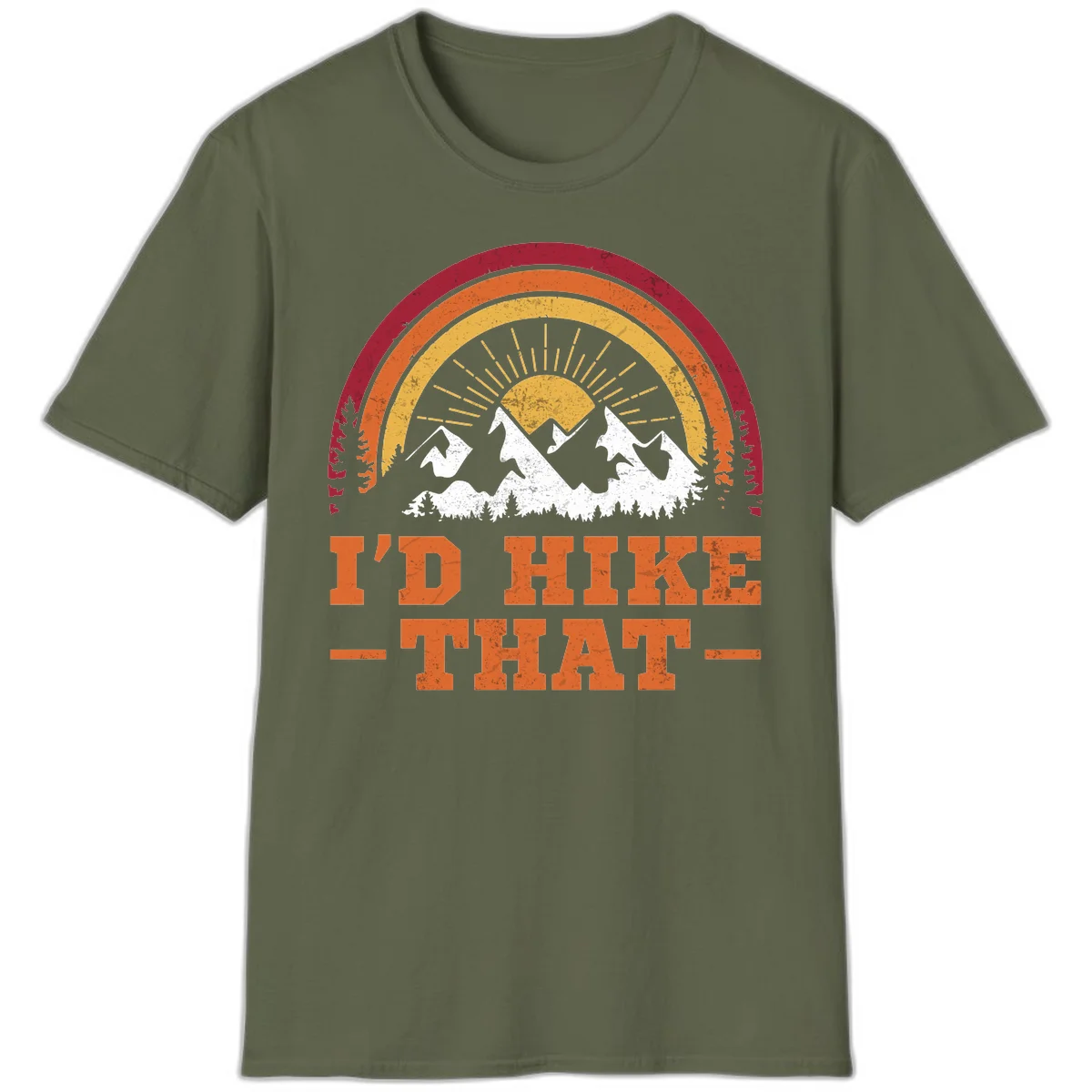 Vintage badge design with snow-capped mountains, evergreen trees, golden sun rays, and text reading 'I'd Hike That' in retro style in Military Green