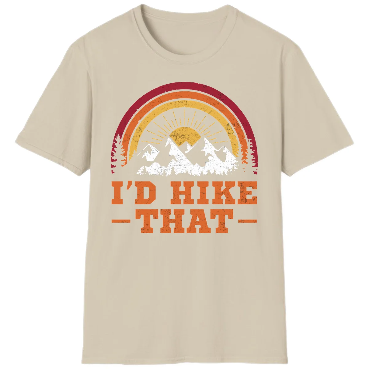 Vintage badge design with snow-capped mountains, evergreen trees, golden sun rays, and text reading 'I'd Hike That' in retro style in Sand