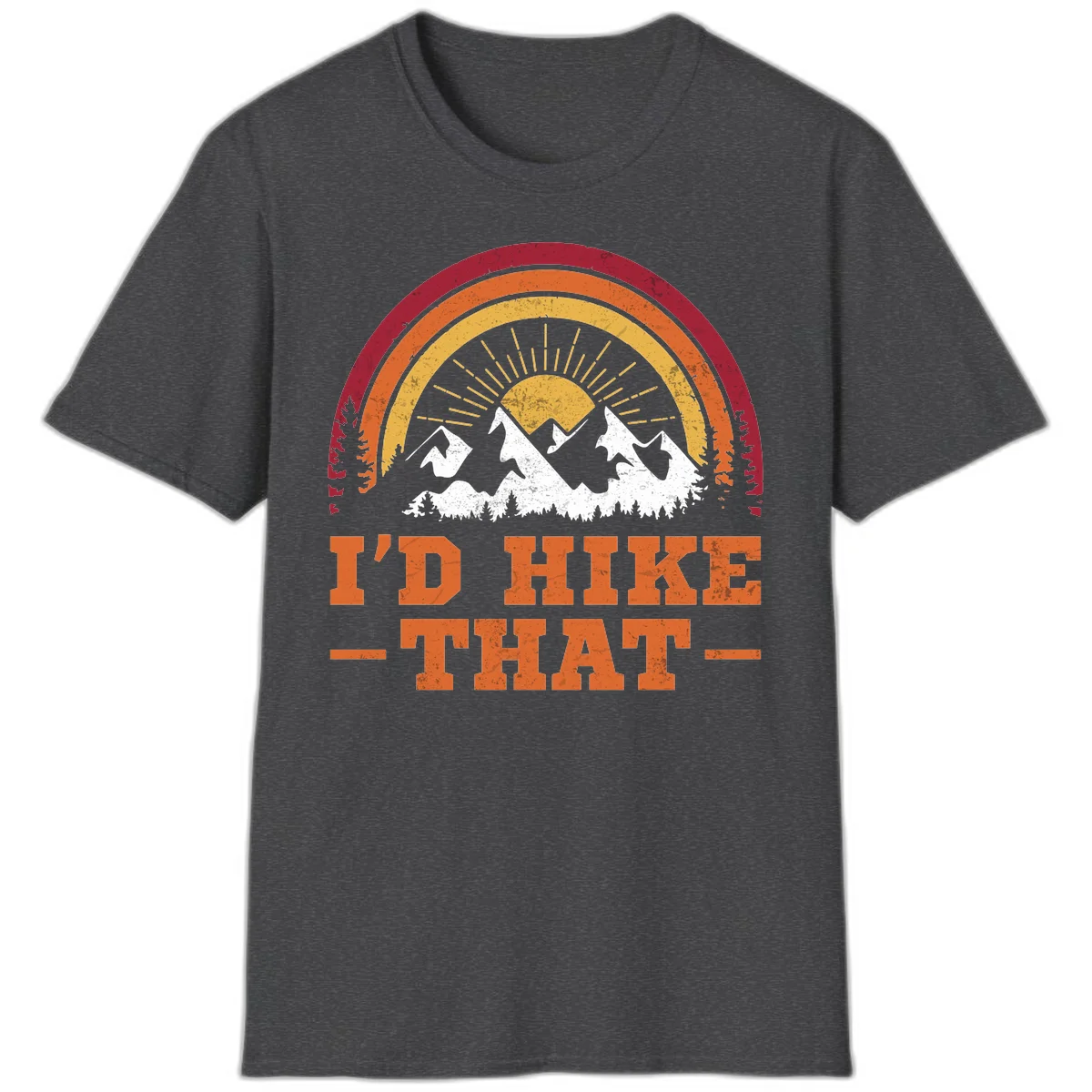 Vintage badge design with snow-capped mountains, evergreen trees, golden sun rays, and text reading 'I'd Hike That' in retro style in Dark Heather