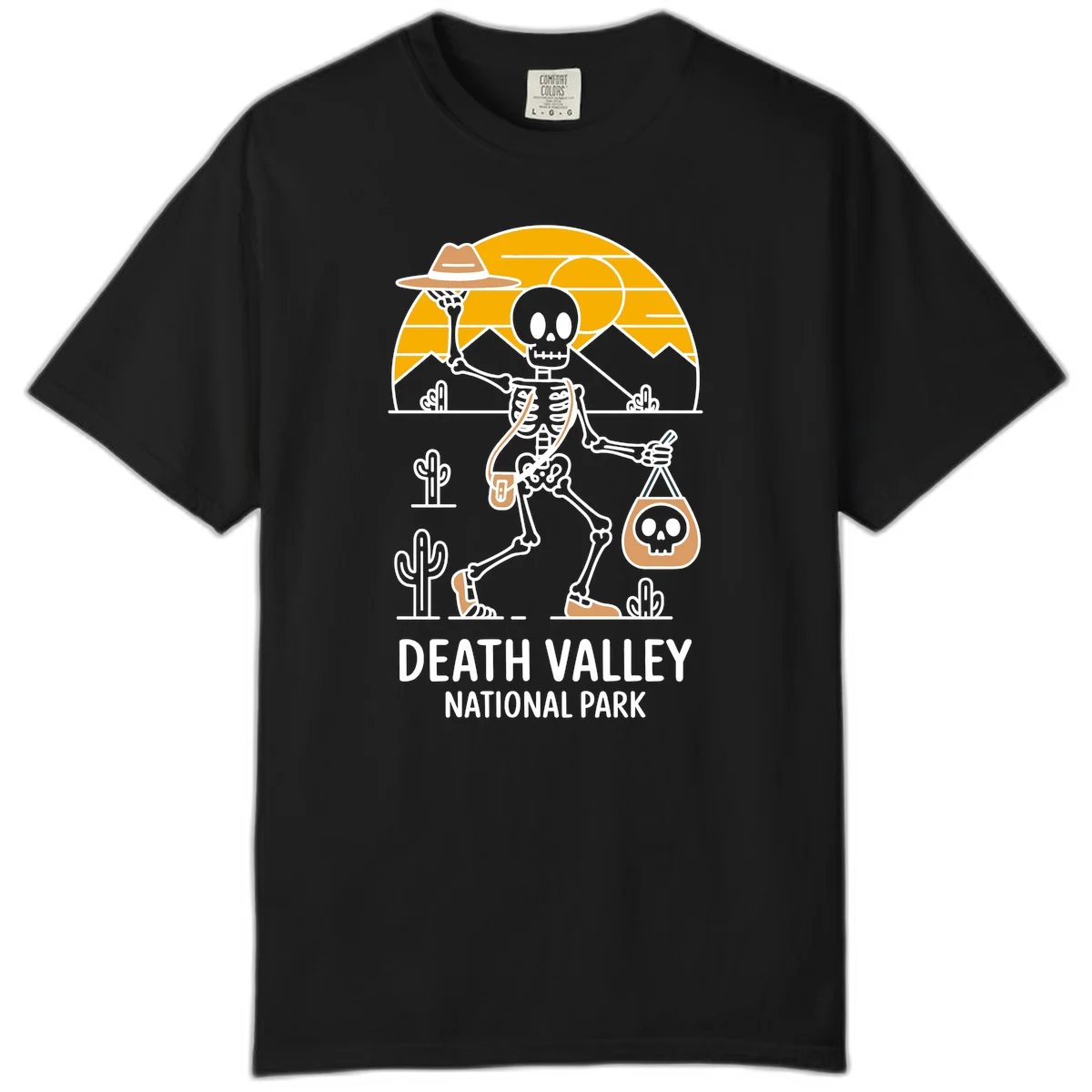 Skeleton cowboy holding skull pouch in Death Valley desert landscape with cacti, mountains, and golden sun rays in Black