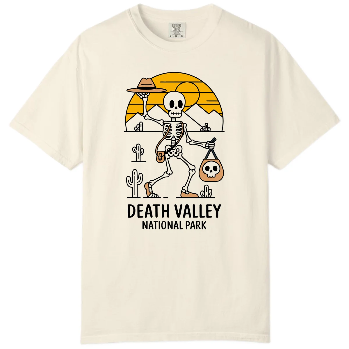 Skeleton cowboy holding skull pouch in Death Valley desert landscape with cacti, mountains, and golden sun rays in Ivory