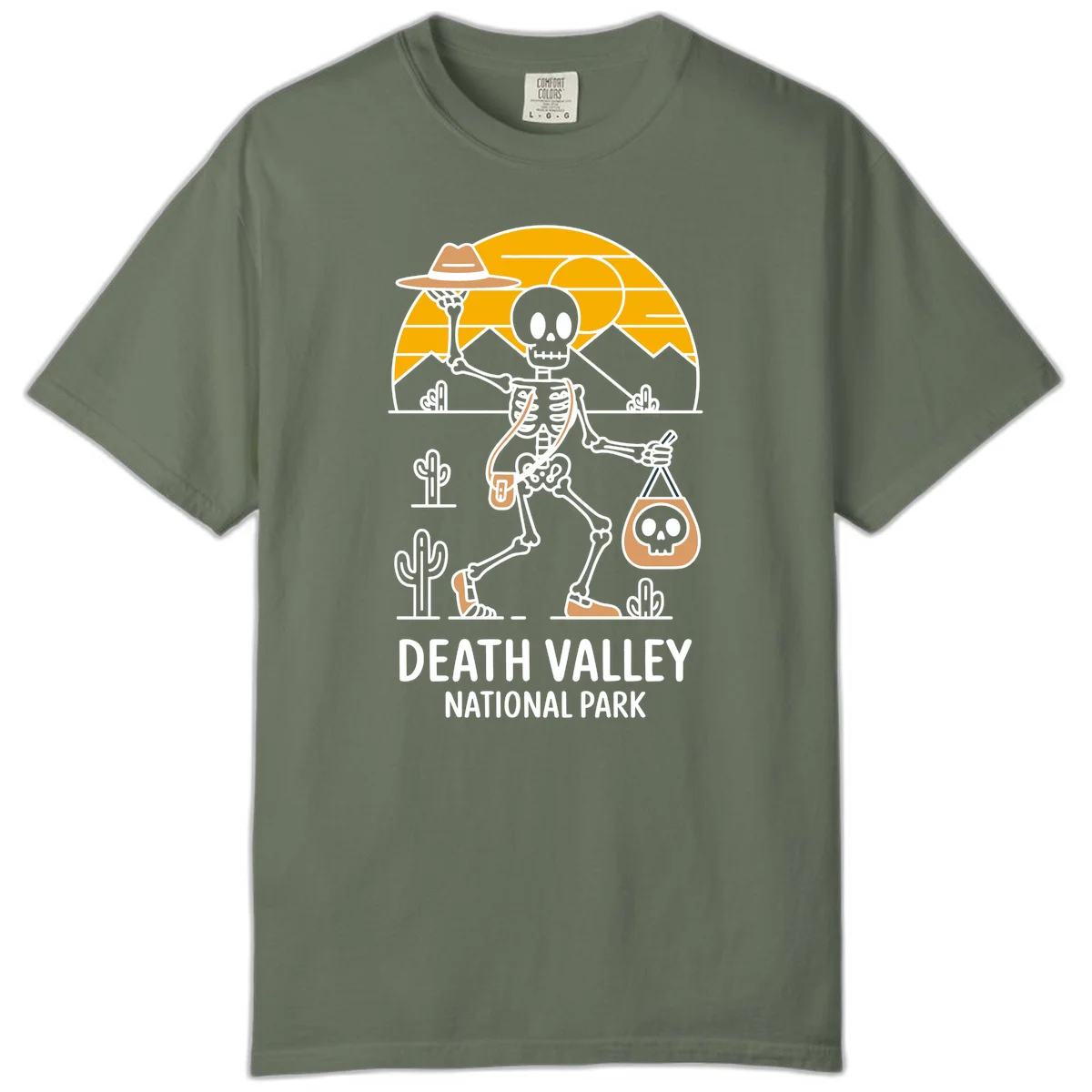 Skeleton cowboy holding skull pouch in Death Valley desert landscape with cacti, mountains, and golden sun rays in Moss