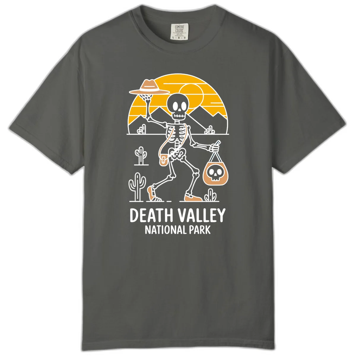 Skeleton cowboy holding skull pouch in Death Valley desert landscape with cacti, mountains, and golden sun rays in Pepper