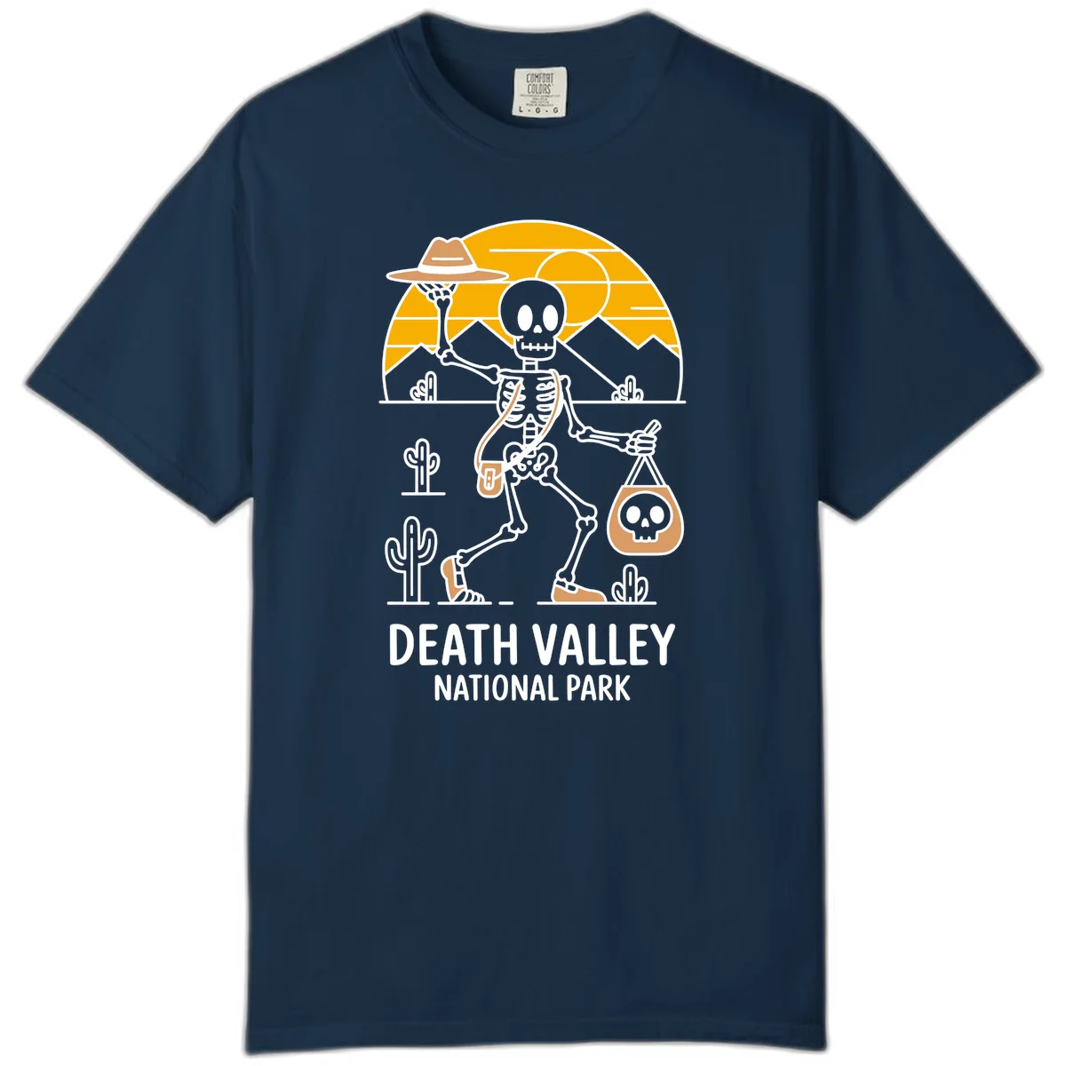 Skeleton cowboy holding skull pouch in Death Valley desert landscape with cacti, mountains, and golden sun rays in True Navy