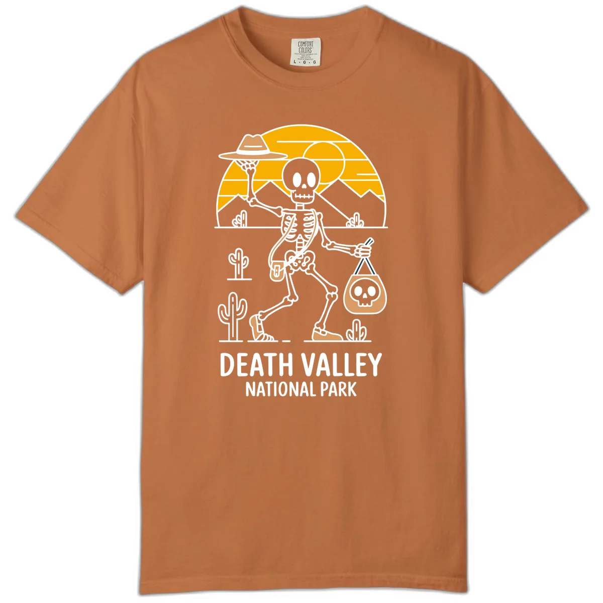 Skeleton cowboy holding skull pouch in Death Valley desert landscape with cacti, mountains, and golden sun rays in Yam