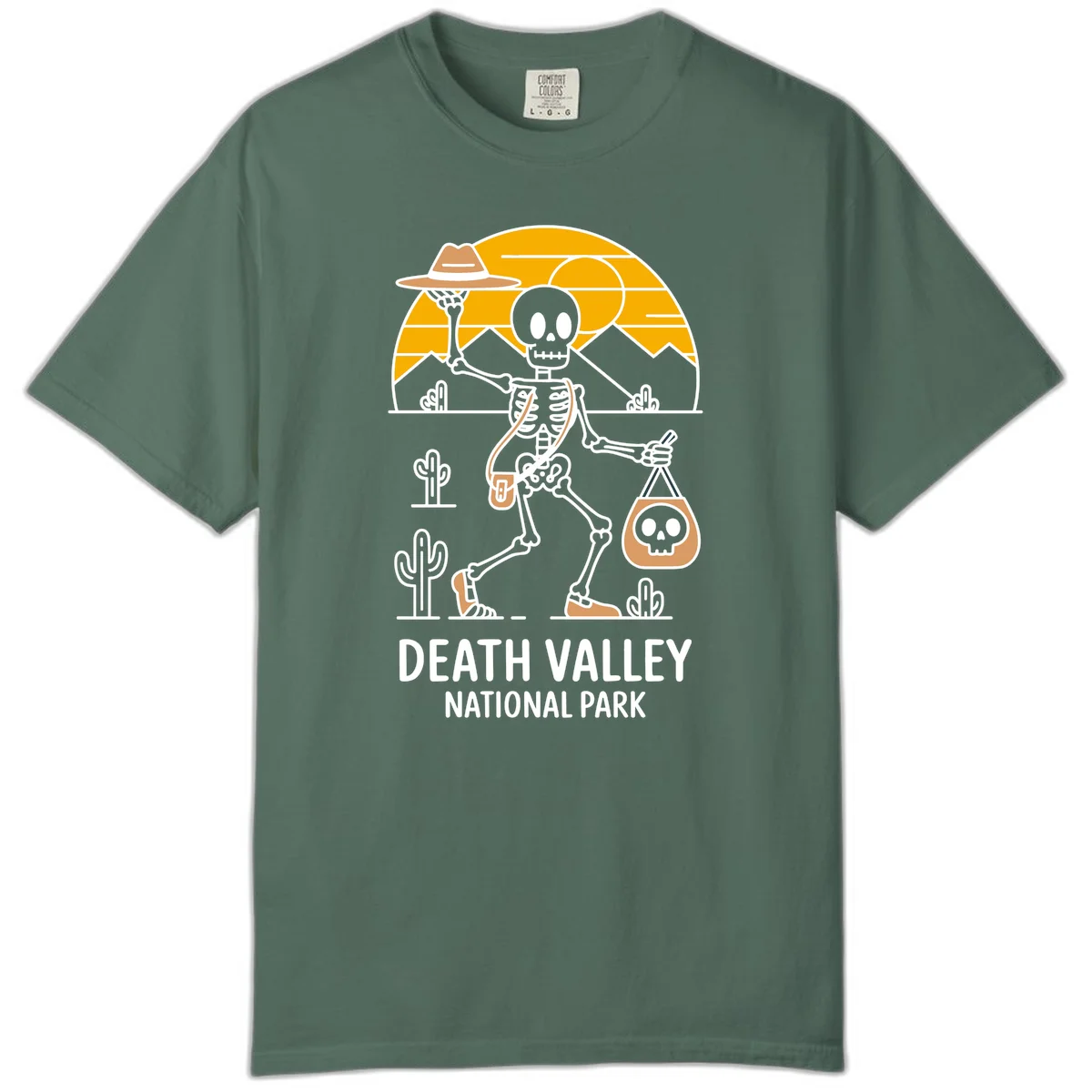 Skeleton cowboy holding skull pouch in Death Valley desert landscape with cacti, mountains, and golden sun rays in Blue Spruce