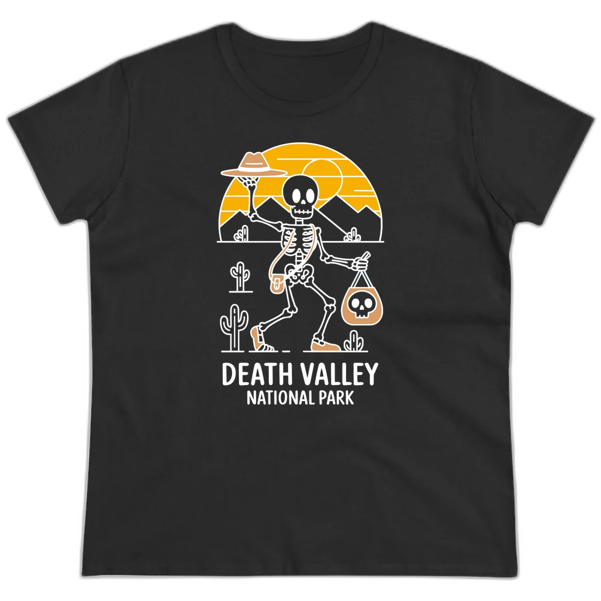 Skeleton cowboy holding skull pouch in Death Valley desert landscape with cacti, mountains, and golden sun rays in Black