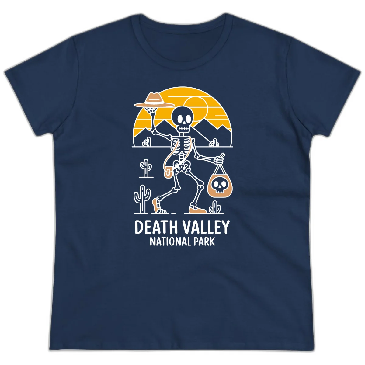 Skeleton cowboy holding skull pouch in Death Valley desert landscape with cacti, mountains, and golden sun rays in Navy