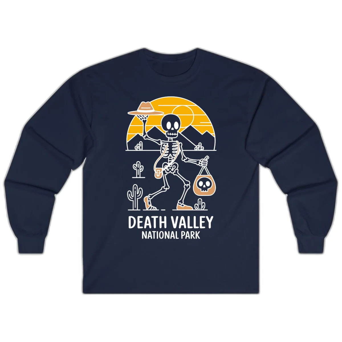 Skeleton cowboy holding skull pouch in Death Valley desert landscape with cacti, mountains, and golden sun rays in Navy