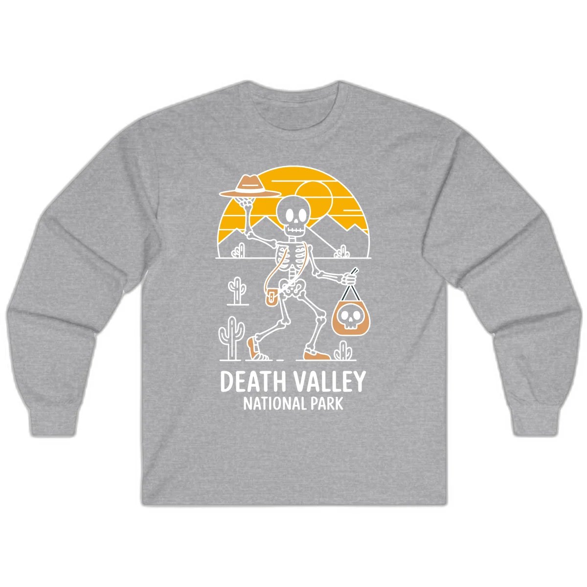 Skeleton cowboy holding skull pouch in Death Valley desert landscape with cacti, mountains, and golden sun rays in Sport Grey