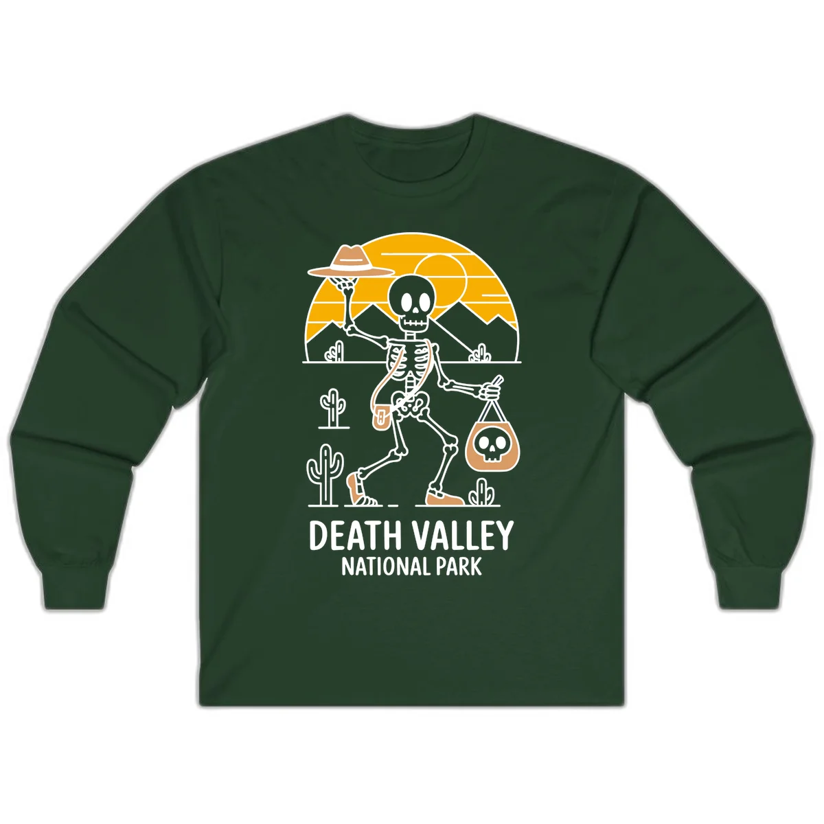 Skeleton cowboy holding skull pouch in Death Valley desert landscape with cacti, mountains, and golden sun rays in Forest Green