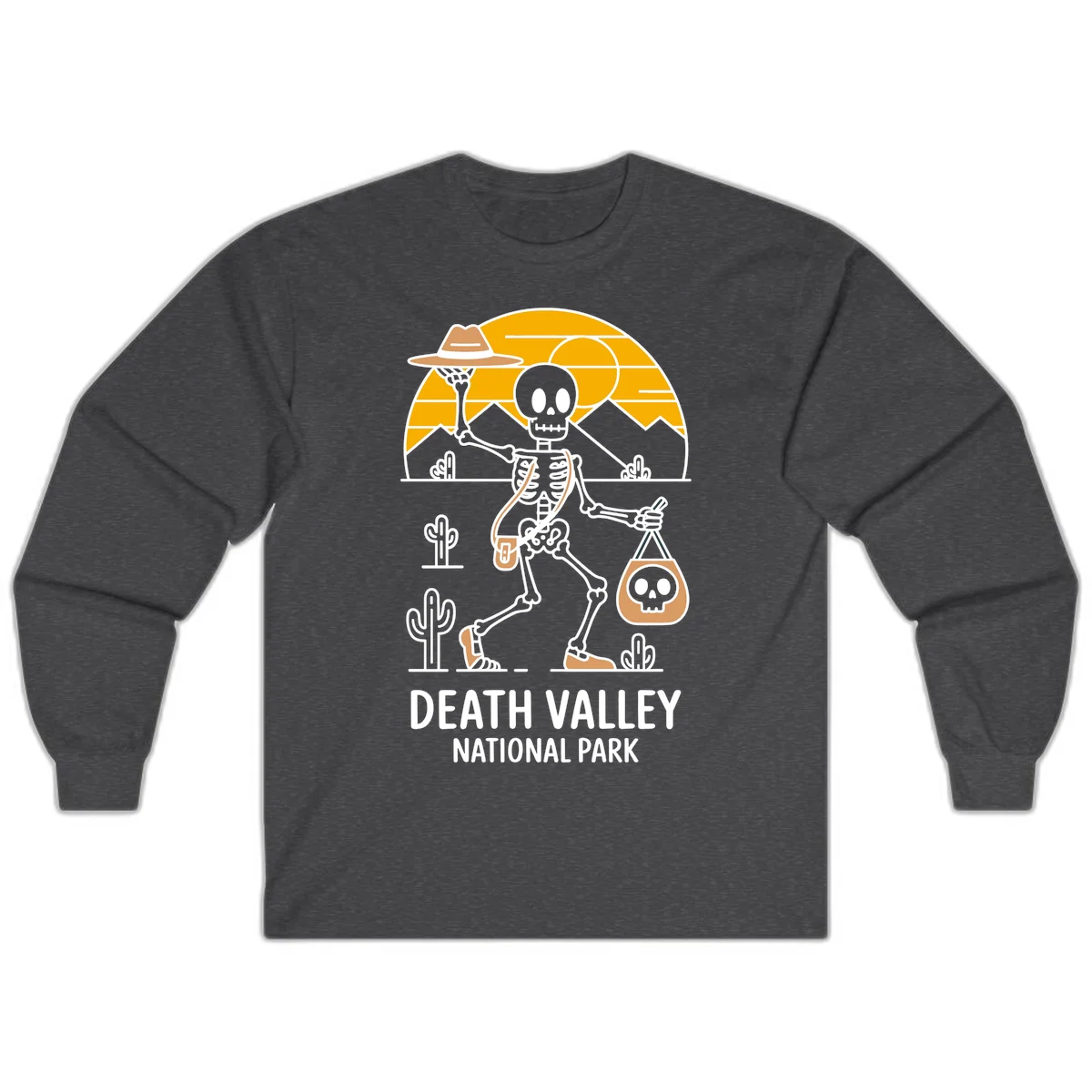 Skeleton cowboy holding skull pouch in Death Valley desert landscape with cacti, mountains, and golden sun rays in Dark Heather