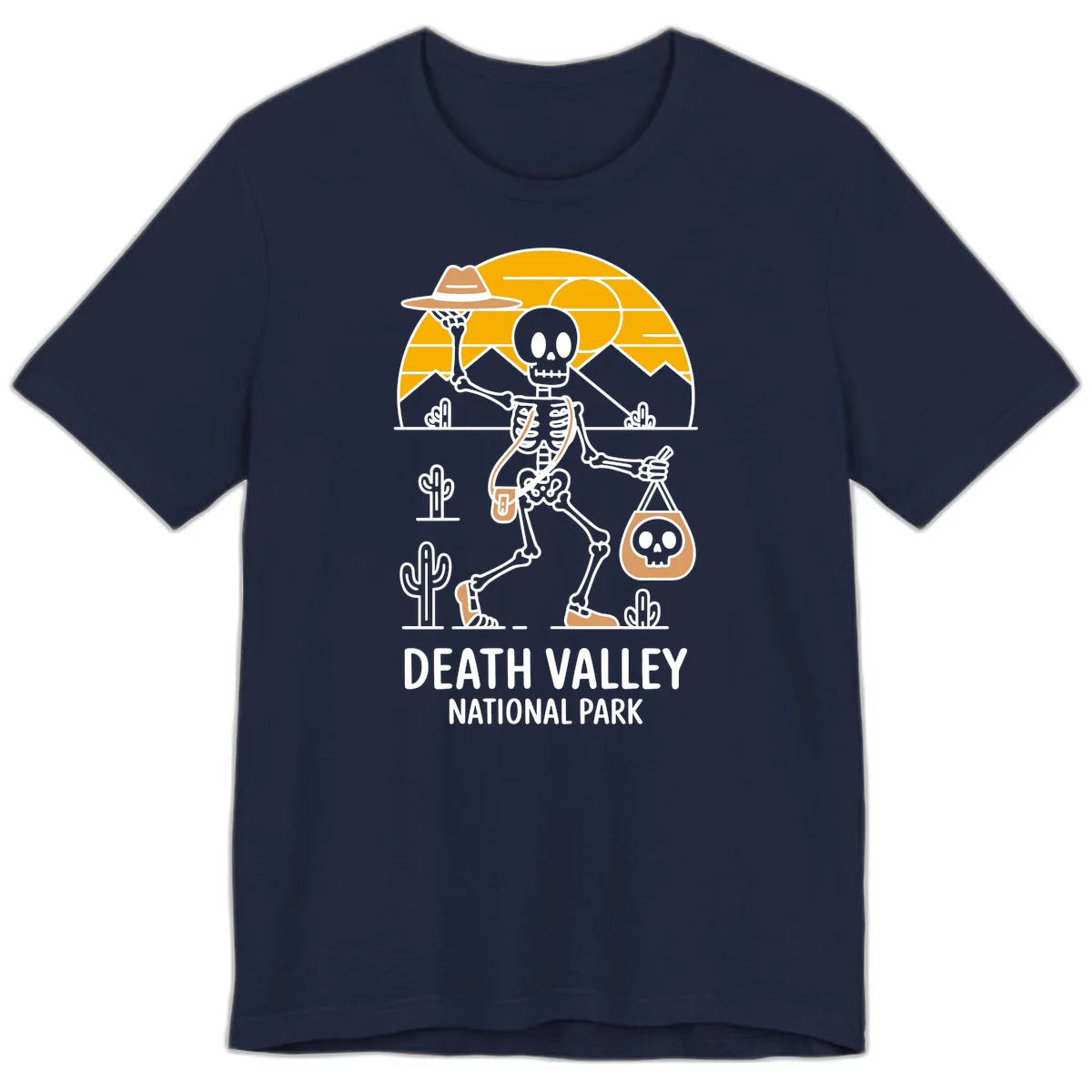 Skeleton cowboy holding skull pouch in Death Valley desert landscape with cacti, mountains, and golden sun rays in Navy