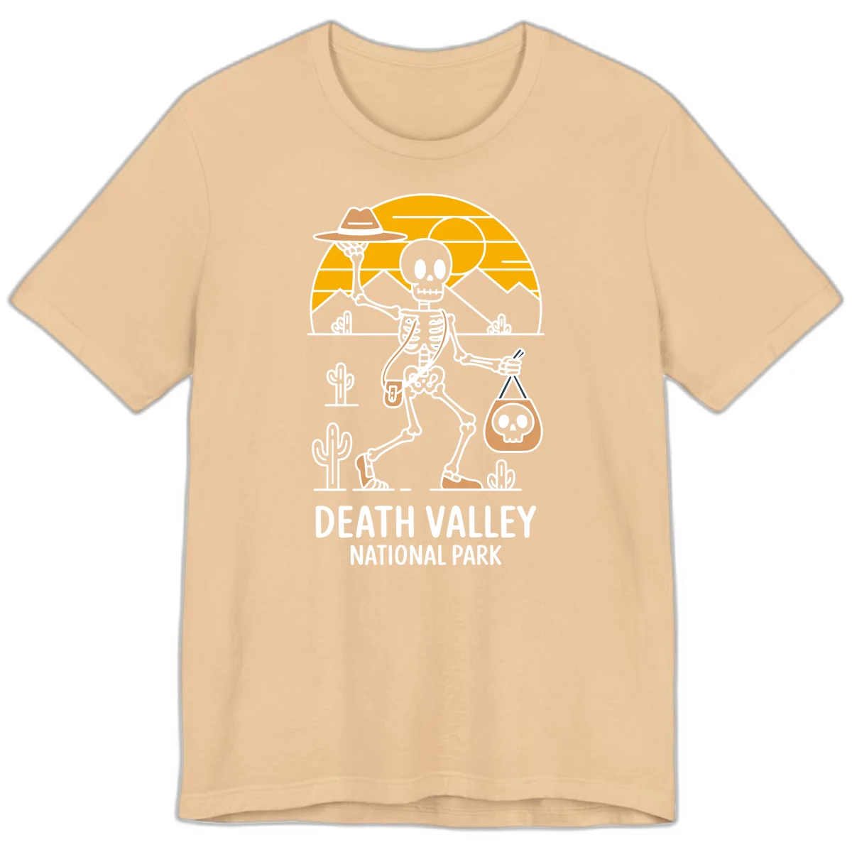 Skeleton cowboy holding skull pouch in Death Valley desert landscape with cacti, mountains, and golden sun rays in Sand Dune