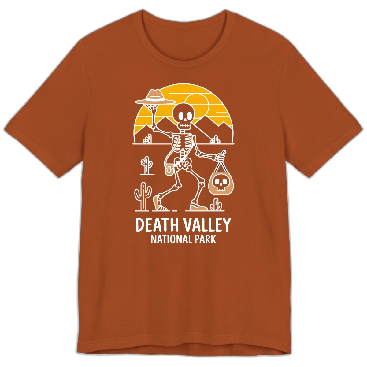 Skeleton cowboy holding skull pouch in Death Valley desert landscape with cacti, mountains, and golden sun rays in Autumn
