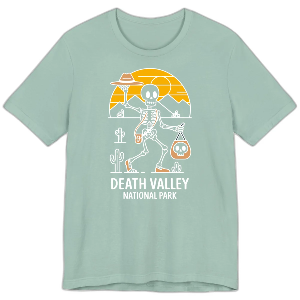 Skeleton cowboy holding skull pouch in Death Valley desert landscape with cacti, mountains, and golden sun rays in Dusty Blue