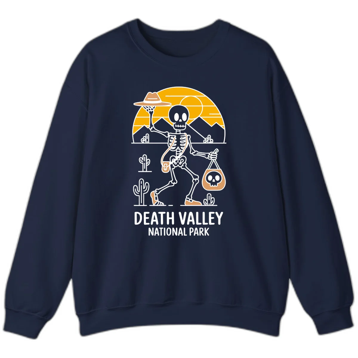 Skeleton cowboy holding skull pouch in Death Valley desert landscape with cacti, mountains, and golden sun rays in Navy