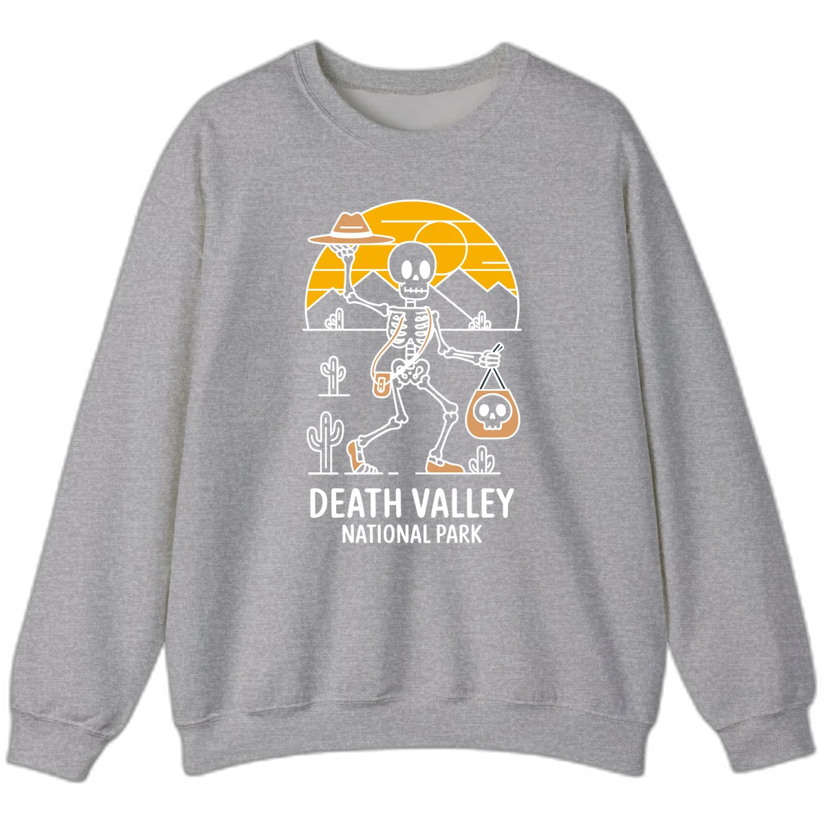 Skeleton cowboy holding skull pouch in Death Valley desert landscape with cacti, mountains, and golden sun rays in Sport Grey