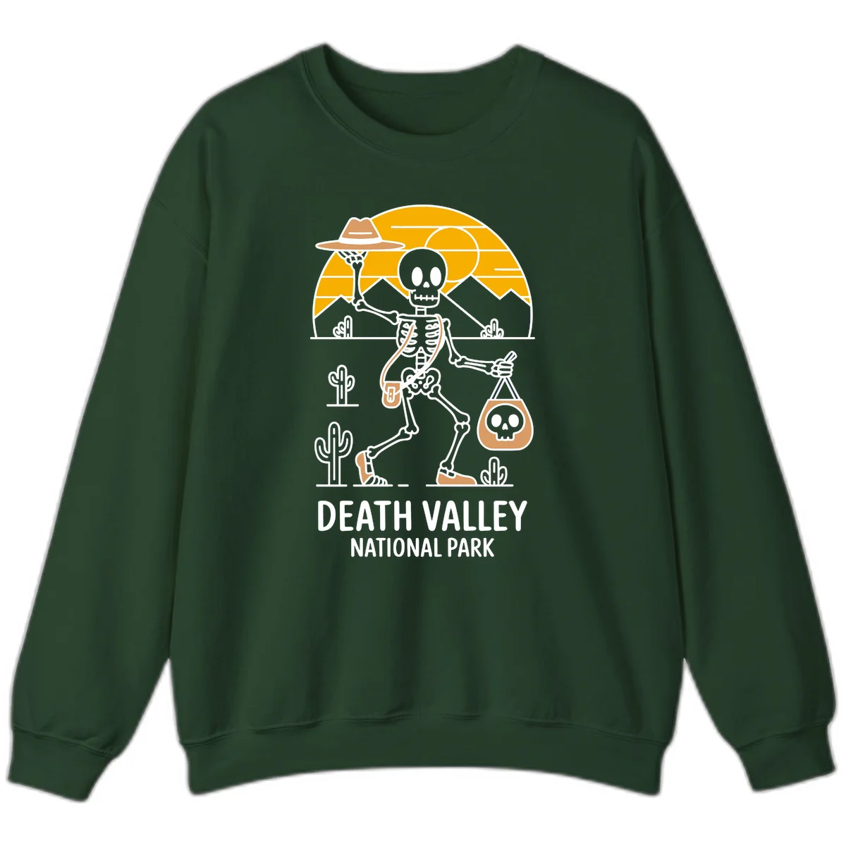Skeleton cowboy holding skull pouch in Death Valley desert landscape with cacti, mountains, and golden sun rays in Forest Green
