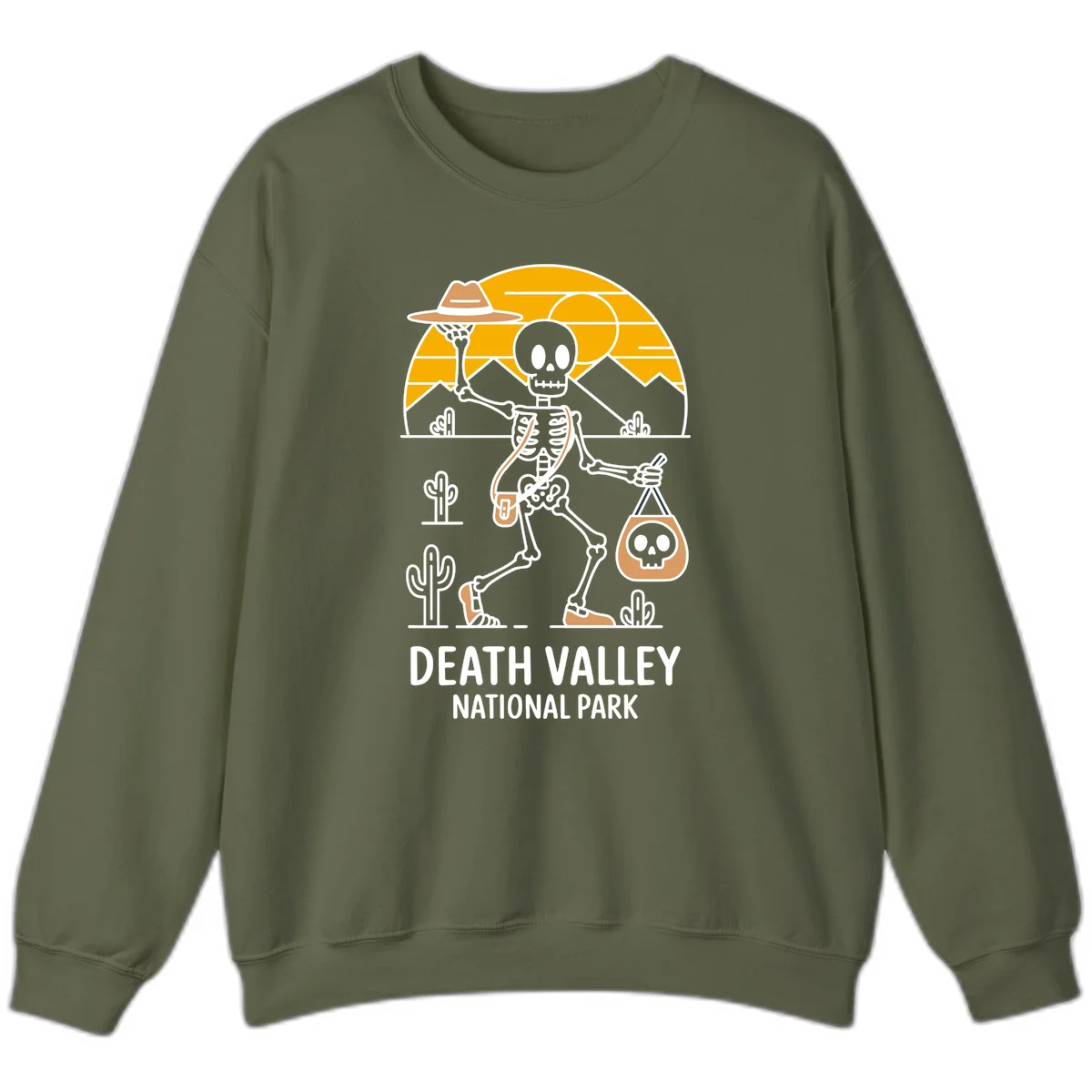 Skeleton cowboy holding skull pouch in Death Valley desert landscape with cacti, mountains, and golden sun rays in Military Green