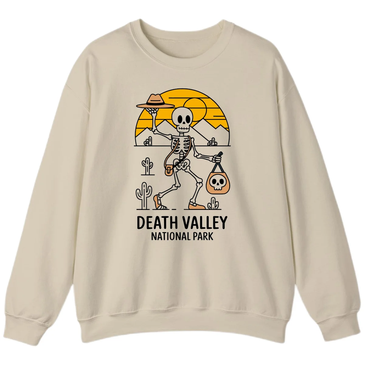 Skeleton cowboy holding skull pouch in Death Valley desert landscape with cacti, mountains, and golden sun rays in Sand